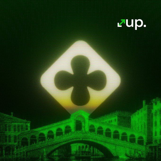 A glowing clover icon inside a diamond shape hovers above a green-tinted image of Venice's Rialto Bridge, with the text "↑up." in the corner, illustrating the availability of up routes on Rialto.