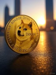 A Dogecoin cryptocurrency coin featuring the Shiba Inu dog, with the text 'much wow' and 'wow' visible, set against a sunset skyline.