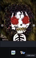 A small profile picture of a skeleton-like cartoon character with red rose eyes and a wide toothy grin, tagged as '3dfe' with '+548 other' likes.