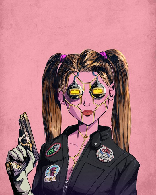 A comic-book style illustration of a woman with pigtails wearing a black bomber jacket with patches (including 'AL' and 'MEO') and yellow mechanical goggles, holding a handgun against a pink background.