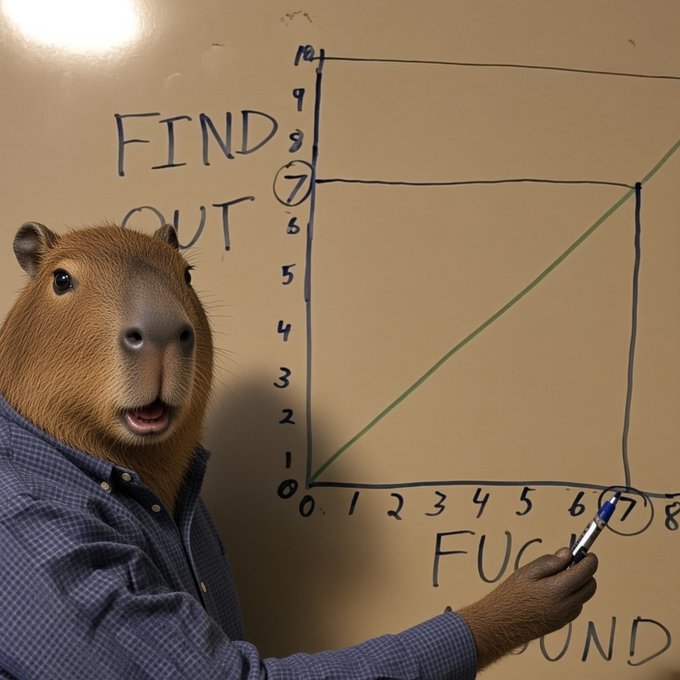 An AI-generated image of a capybara in a blue checkered shirt pointing to a whiteboard graph with a marker, labeled "FIND OUT" on the y-axis and "FUCK AROUND" on the x-axis.