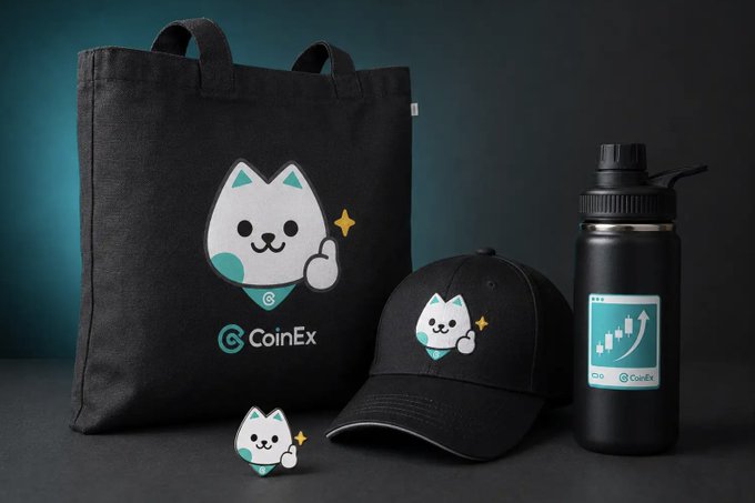A CoinEx-branded promotional kit featuring a black tote bag, baseball cap, and water bottle, all adorned with the company's white cat mascot and "CoinEx" logo. The image directly supports the giveaway announcement, showcasing the merchandise prize available to Brazilian participants who follow and comment on the post between August 31 and September 8.