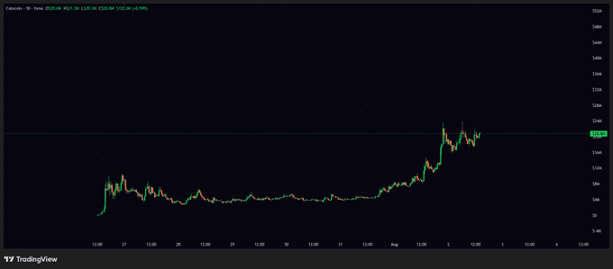 A TradingView 30-minute candlestick chart of $CATE (Solana) showing a sharp rally from lows near $0.002 to recent highs around $0.007, trading near $0.00504, illustrating the recent price surge that aligns with the post's bullish prediction of reaching a 40M market cap.
