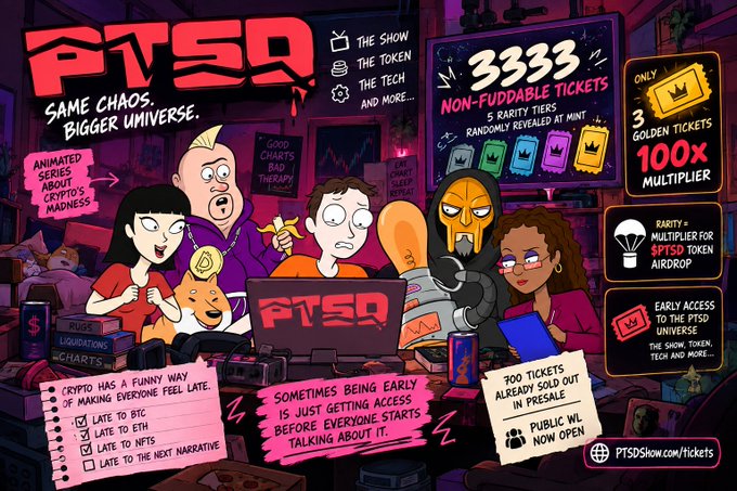 A vibrant promotional poster for "PTSD" with the tagline "SAME CHAOS, BIGGER UNIVERSE", advertising 3333 non-fuddable tickets with 5 rarity tiers and a 100X multiplier at PTSDShow.com/tickets.