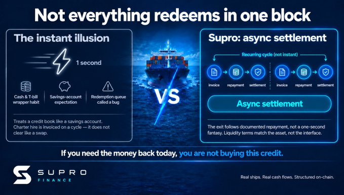 An infographic from Supro Finance titled 'Not everything redeems in one block,' comparing 'The instant illusion' with 'Supro: async settlement' using a ship image and flowcharts.