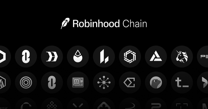 A dark graphic displays "Robinhood Chain" at the top alongside the platform's feather logo, with a grid below showcasing circular icons representing various blockchain networks and ecosystem partners to highlight the launch of Robinhood Chain's mainnet.