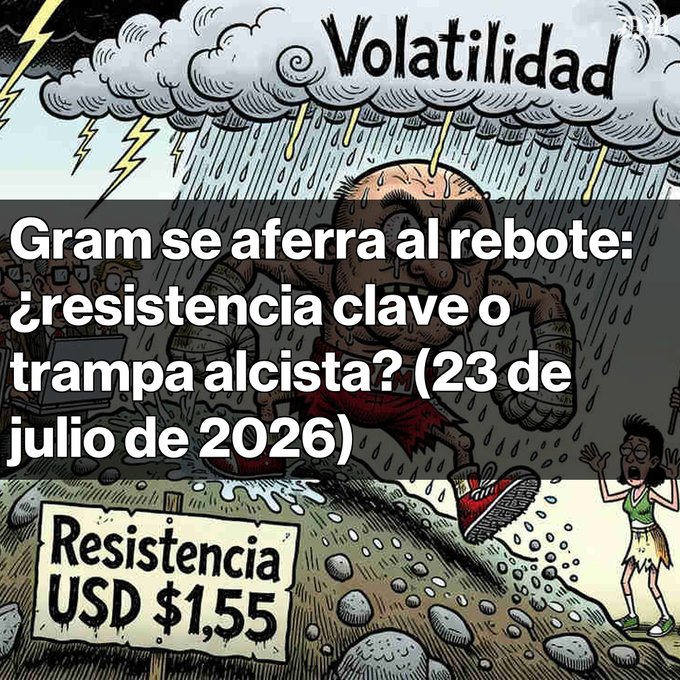Spanish-language crypto news graphic titled 'Volatilidad' featuring a cartoon under rain clouds, discussing GRAM token rebounding at resistance USD $1.55, dated July 23, 2026.