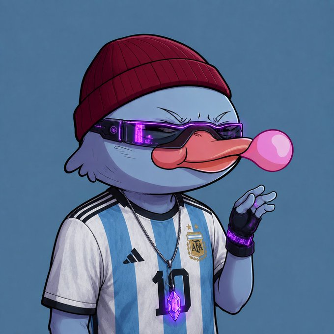 An NFT-style cartoon illustration of a blue bird wearing a red beanie, purple visor sunglasses, and an Argentina soccer jersey with the number 10, blowing a pink bubble gum bubble.