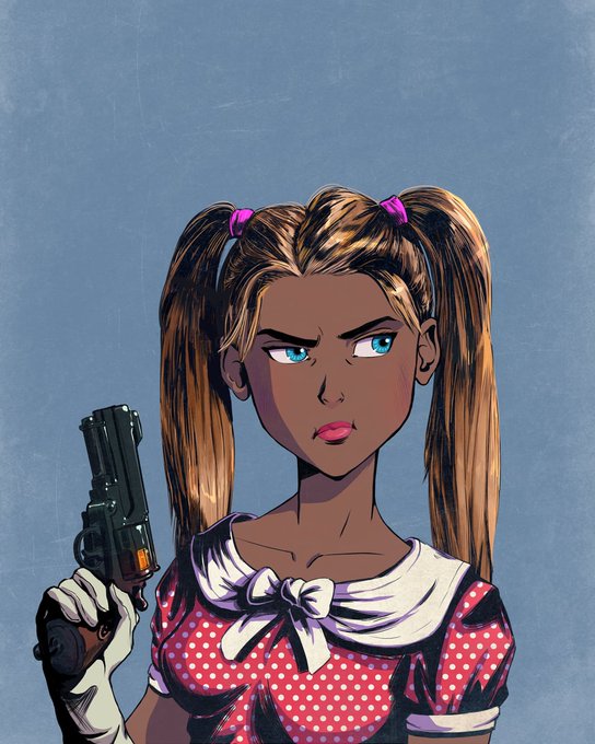 A comic-style illustration of a blonde girl with pigtails and blue eyes, wearing a red polka-dot top with a white bow, holding a handgun against a blue background.