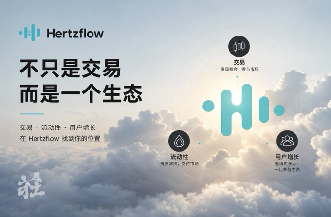A promotional graphic for 'Hertzflow' in Chinese, with the tagline '不只是交易 而是一个生态' (Not just trading, but an ecosystem), featuring icons for transactions, liquidity, and user growth against a cloudy sky background.