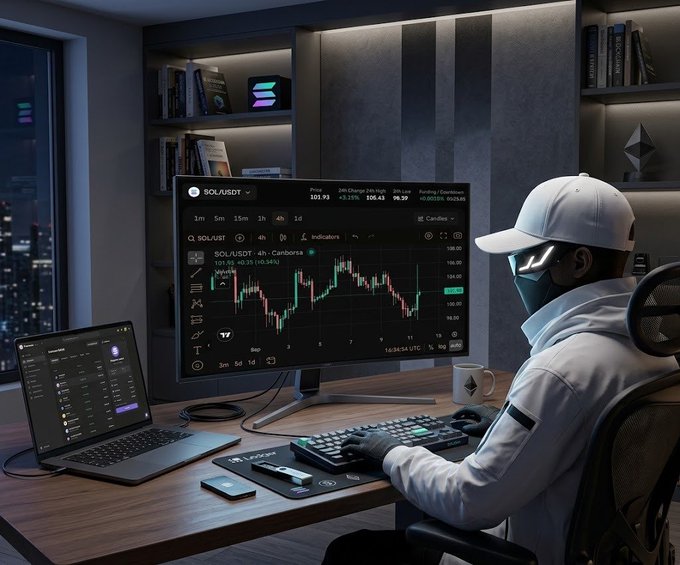 A digital illustration of a masked figure in a white cap and hoodie sitting at a desk with a laptop and a monitor displaying a 'SOL/USDT' candlestick trading chart, with a crypto-themed mug and Ethereum logo visible in the background.