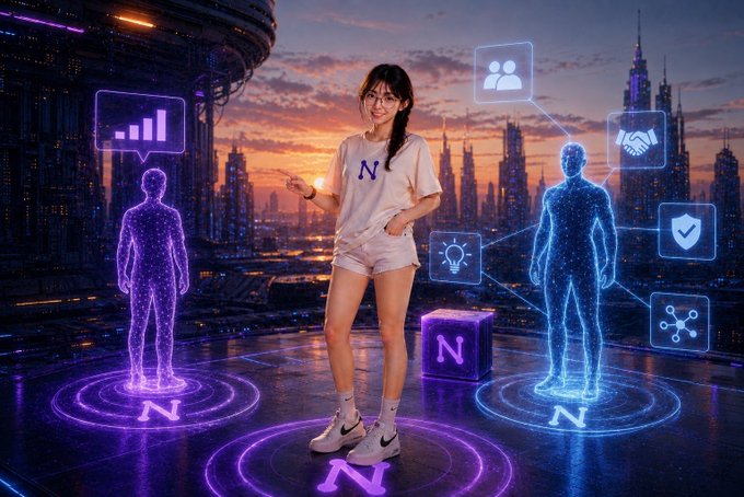 A futuristic digital artwork showing a young woman with glasses standing on a holographic platform marked 'N', surrounded by glowing blue human figures and technology icons against a cyberpunk cityscape.