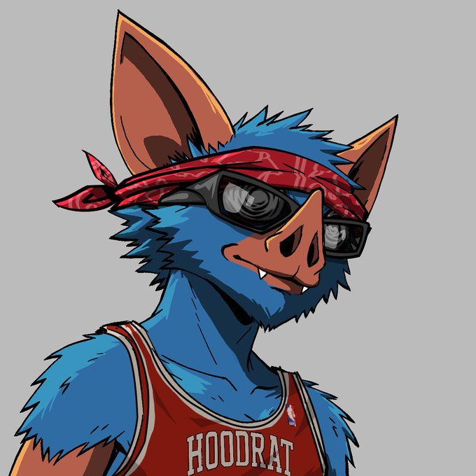 A blue furry anthropomorphic character wearing a red bandana, sunglasses, and a red basketball jersey that reads 'HOODRAT'.