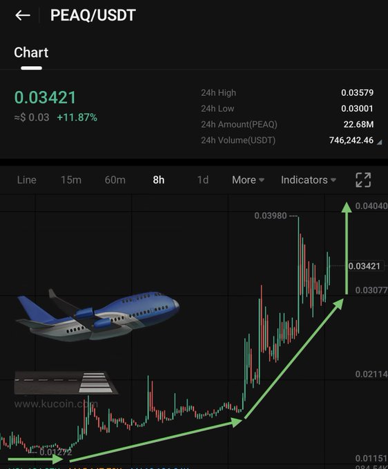 The image shows a graph of stock prices, with an airplane flying over the top left corner of the screen. The text "PEAQ/USDT" is displayed at the top of the image, indicating that this is a chart for PEAK cryptocurrency trading. The graph has a green line and red bars representing the stock price, which are currently at 0.43 and 0.49 respectively.