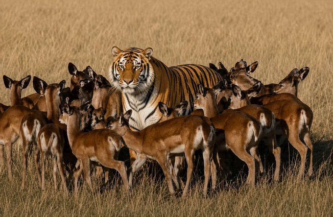 A Bengal tiger stands amid a herd of chital deer in golden grassland, the surrounding prey seemingly unaware of the predator in their midst.

The image cleverly mirrors the post about "Life with Hype above $90"—just as the deer calmly graze around a hidden tiger, crypto investors may be unknowingly relaxed despite the looming threat of a hype-driven market reversal ready to pounce.