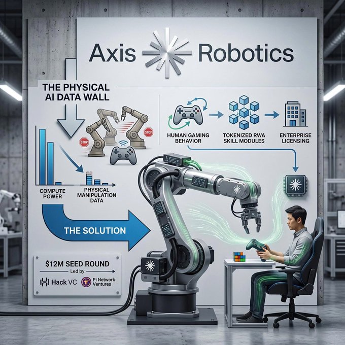 A poster for 'Axis Robotics' titled 'THE PHYSICAL AI DATA WALL' and 'THE SOLUTION', featuring diagrams of compute power, physical manipulation data, human gaming behavior, and tokenized RWA skill modules, alongside a central image of a person in a chair holding a controller next to a large robotic arm, and a '$12M SEED ROUND' led by 'Hack VC' and 'Pi Network Ventures'.