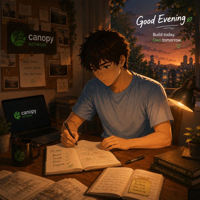 A young man with dark tousled hair sits at a warm, dimly lit desk writing in a notebook, with a laptop displaying the "canopy NETWORK" logo beside him and a city skyline visible through the window at dusk. A "Good Evening" greeting and the tagline "Build today. Own tomorrow." appear in the upper right, with a sticky note reading "Focus on building. Not just launching," reinforcing the post's message about balancing speed and control as a builder.