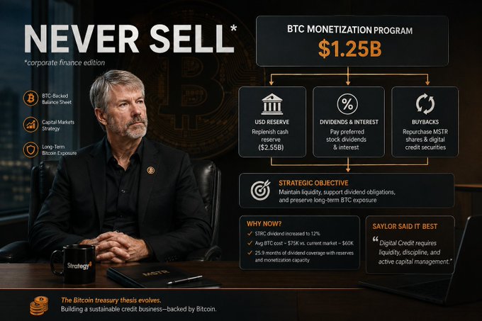 An infographic titled 'NEVER SELL *corporate finance edition' featuring Michael Saylor and detailing MicroStrategy's $1.25B BTC Monetization Program, including a $2.55B USD reserve replenishment, preferred stock dividends/interest, and MSTR share buybacks.