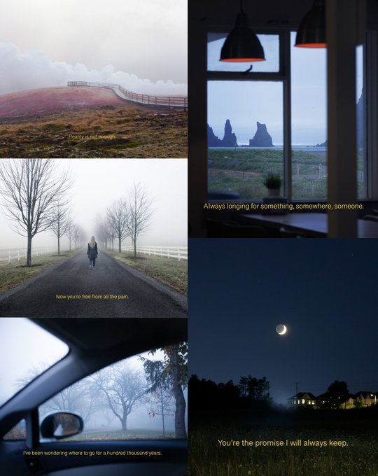 A moody collage of five atmospheric photographs featuring misty landscapes, a foggy tree-lined path with a lone figure, a coastal view through a window, a moonlit night scene, and a car side mirror, each overlaid with poignant text like "Always longing for something, somewhere, someone," "Now you're free from all the pain," and "You're the promise I will always keep." The melancholic series, tied to the artist's "Keep Me There" collection, reflects the emotional, cinematic style of their photography NFT work.