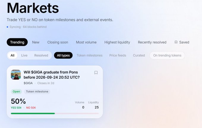 A prediction market interface titled 'Markets' showing a question 'Will $GIGA graduate from Pons before 2026-09-24 20:52 UTC?' with 50% YES and 50% NO odds.