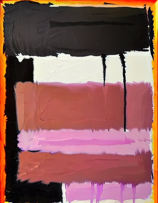 A textured abstract painting displays bold blocks of black, white, pink, mauve, and orange with visible brush marks.