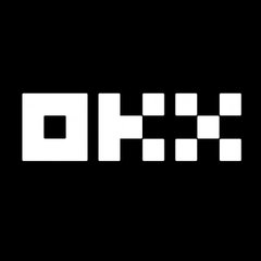 The image displays a pixelated logo featuring the text "OK" followed by a checkerboard-style "XX" design in white on a black background, which is associated with the OKX brand mentioned in the post about the launch of their OKX Money app for stablecoin transactions.