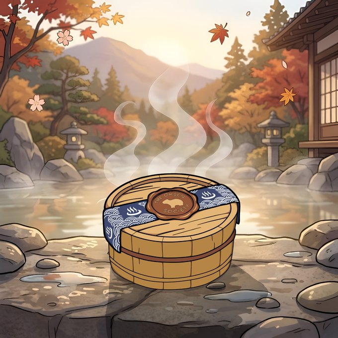 A digital illustration of a wooden Japanese ofuro-style soaking tub with steam rising from it, set in a serene autumn landscape with a traditional building, stone lanterns, rocks, and falling maple leaves.