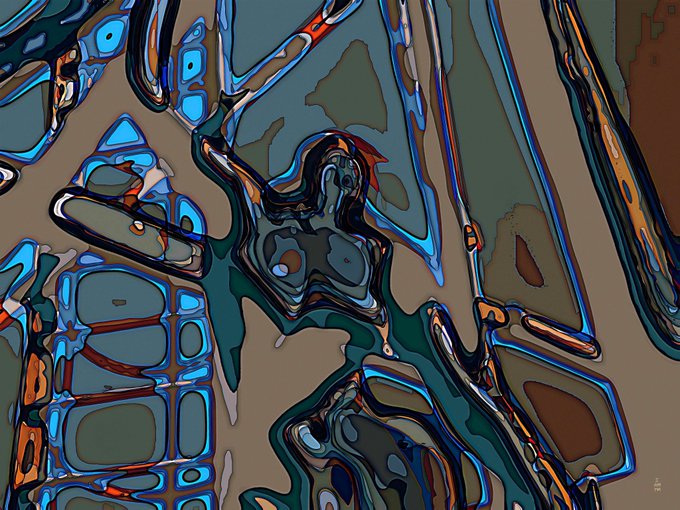 An abstract digital artwork featuring a monkey-like figure rendered in fluid, glossy textures with swirls of blue, teal, orange, and brown tones.