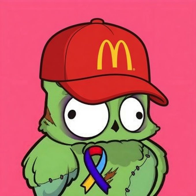The image features a cartoon depiction of an owl wearing a red hat that says "Mcdonald's" on it, along with a ribbon around its neck. The owl appears to be wearing a suit as well. The background color of the image is pink. There are also some text elements in the image, including the words "@wallchain", "@quipnetwork", and "#wallchain". These elements seem unrelated to the main subject of the image - the cartoon owl with a McDonald's hat.