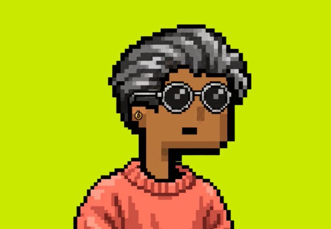 A pixel art portrait of a person with gray hair and round black glasses wearing an orange sweater, set against a solid green background.