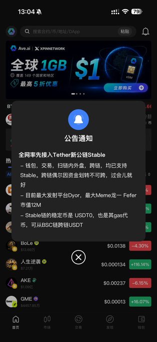 A smartphone screenshot of a crypto app showing a promotional banner for '全球1GB $1' by Ava.ai and XPNETWORK, with an announcement notification about Tether stablecoin listing and a market list including BoLe, 人生逆袭, AKE, and GME.