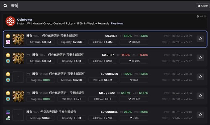 A crypto tracking website showing memecoin listings with CoinPoker advertisement at top, displaying tokens with significant 24-hour gains (580%, 222%, 259%) and various market caps in the millions.