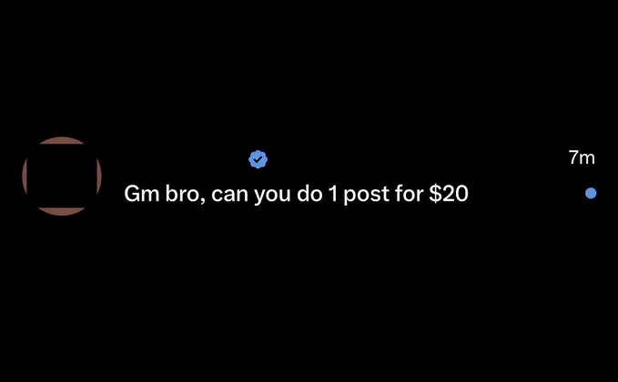 A screenshot of a message reading "Gm bro, can you do 1 post for $20," with a timestamp of "7m," illustrating the lowball offers common in the freelance social media "trenches."