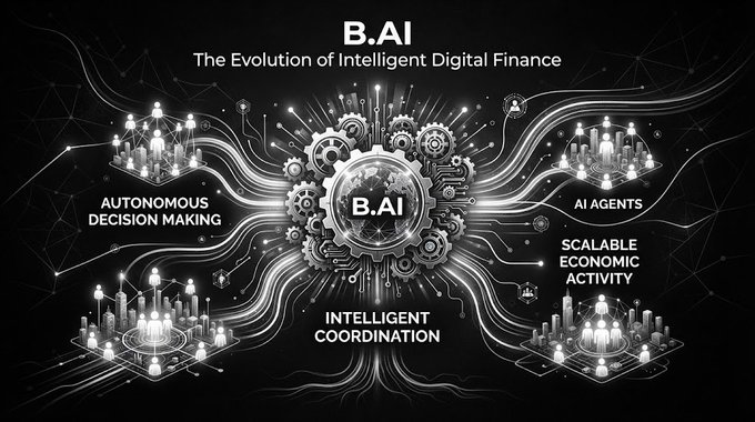A black-and-white futuristic graphic titled 'B.AI - The Evolution of Intelligent Digital Finance' displays interconnected nodes highlighting 'AUTONOMOUS DECISION MAKING,' 'AI AGENTS,' 'INTELLIGENT COORDINATION,' and 'SCALABLE ECONOMIC ACTIVITY.'