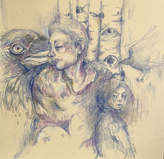 The image features a woman sitting next to a child who has wings. The scene includes a bird with large eyes, suggesting that they are all part of an artistic representation or illustration. The artist's signature can be seen at the bottom right corner of the image.