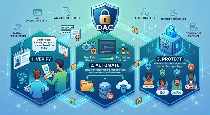 An infographic illustrating Dynamic Access Control (DAC) with three pillars: 1. Verify (confirm user identity and grant access based on ACLs), 2. Automate (streamline permission management), and 3. Protect (minimize data breaches), surrounded by icons for ACL, data confidentiality, accountability, and identity providers.