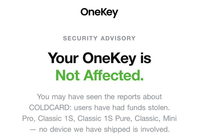 A OneKey security advisory stating "Your OneKey is Not Affected," clarifying that reports of stolen funds from COLDCARD devices (Pro, Classic 1S, Classic 1S Pure, Classic, Mini) do not involve any OneKey-shipped devices.