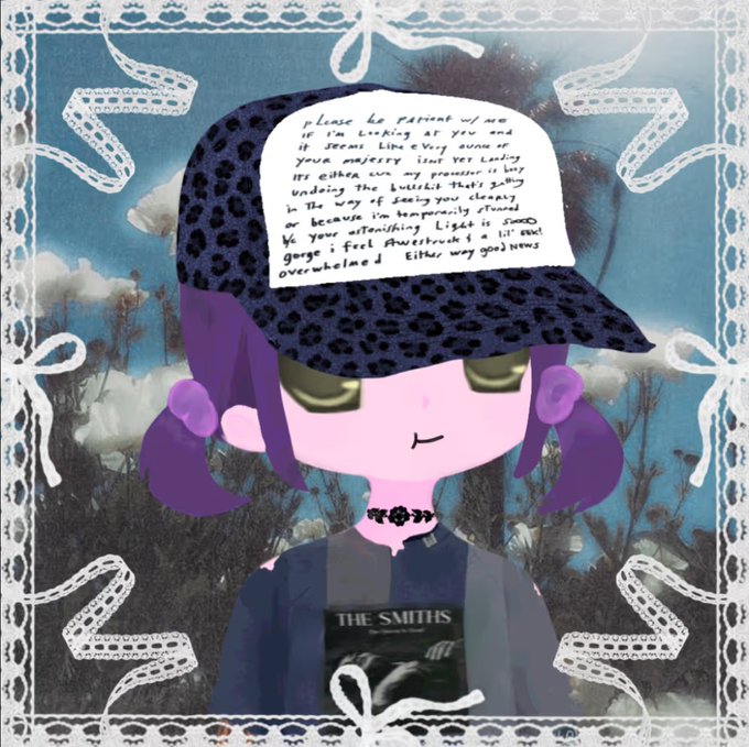 Anime-style digital art of a purple-haired character wearing a leopard print cap with handwritten lyrics, a choker, and a 'The Smiths' shirt, set against a cloud and lace-bordered background.