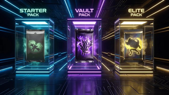 Three digital card packs displayed in neon-lit display cases labeled 'STARTER PACK' (cyan, lion emblem), 'VAULT PACK' (purple, geometric design), and 'ELITE PACK' (gold, bull emblem).