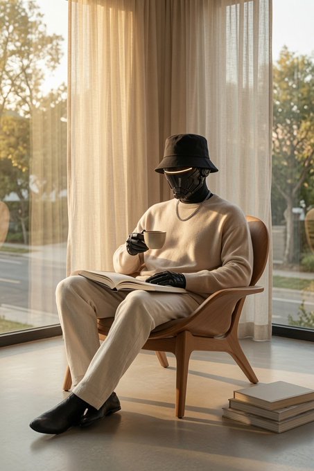 A humanoid figure wearing a beige sweater, bucket hat, and black face covering sits in a wooden chair holding a coffee cup and book, with sheer curtains in the background.