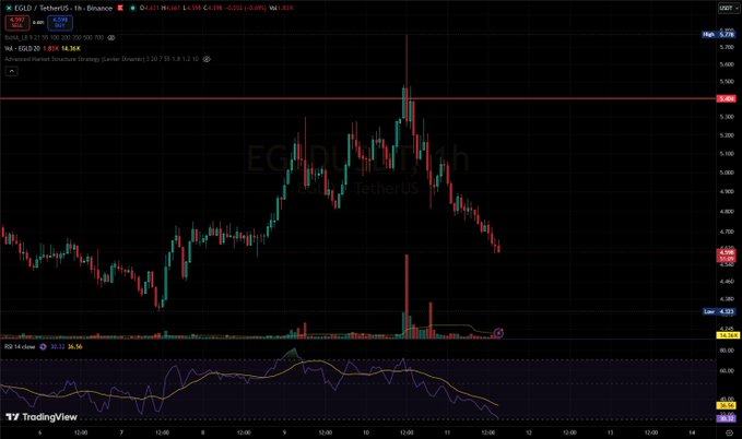 A TradingView chart showing EGLD/USDT on Binance with a price of 4.893, displaying candlestick price action, volume bars, and an RSI indicator at the bottom.