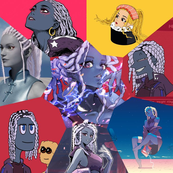 A colorful collage of various anime and cartoon-style character illustrations featuring a recurring gray-skinned girl with braided white hair.
