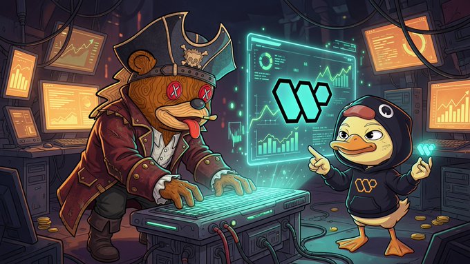 A pirate-themed teddy bear and a duck in a black hoodie are shown working at computer terminals displaying financial data and the Wallchain logo. This imagery represents the "grinding" and data-driven analysis mentioned in the post regarding Wallchain's campaign matching.