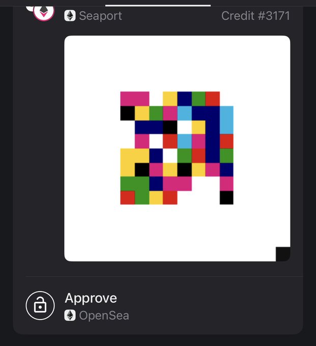 A digital interface showing a colorful pixel-art NFT in the style of a 'Seaport' on OpenSea, labeled 'Credit #3171' with an 'Approve' button.