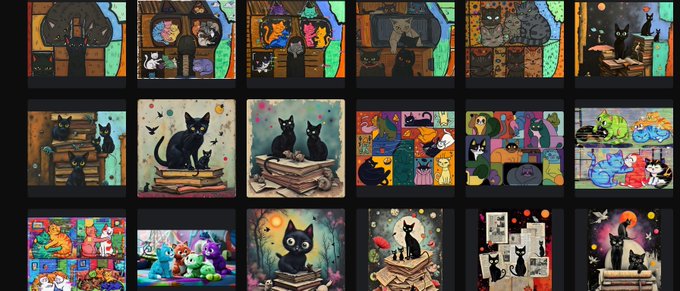 A grid collection of colorful cartoon-style NFT artworks featuring cats in various whimsical settings, including black cats, cats with books, and cats in fantasy scenes.