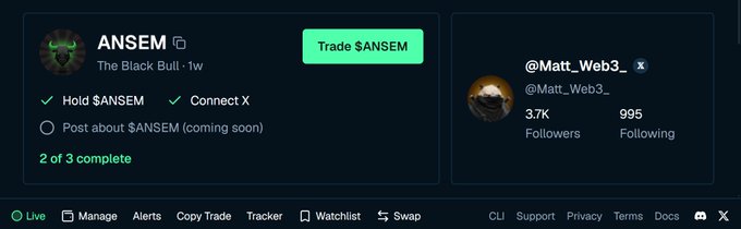 A cryptocurrency trading interface showing the $ANSEM token (The Black Bull) with options to hold, connect X, and trade, displaying a Twitter account @Matt_Web3_ with 3.7k followers and 995 following.