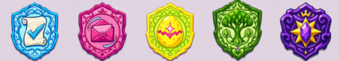 Five ornate, crystal-like shield icons arranged in a row, colored blue, pink, yellow, green, and purple, each with distinct glowing symbols including a scroll, triangle, diamond, leaves, and a star.