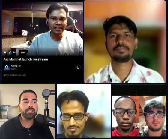 The image shows a livestream titled "Arc Mainnet launch livestream" featuring a panel of five speakers discussing the project. This relates to the post discussing community backlash and accusations of racism following the Arc team's doxxing, with some defending the team as not appearing malicious despite people pulling their funds.