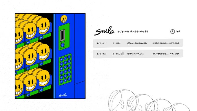 An NFT marketplace listing for 'Smile - BUYING HAPPINESS' featuring smiley face artwork and an ATM design, with two bids of 0.05 ETH and 0.0525 ETH.