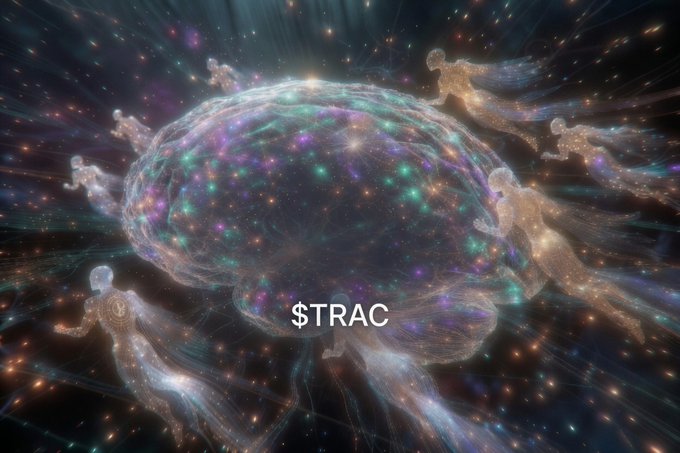 The image features a large brain surrounded by floating figures, including humans and other beings. The brain has a purple hue with green and orange lights surrounding it, creating an ethereal atmosphere. The floating figures are positioned around the brain, suggesting that they might be interacting or influencing its functions. In the background, there is text that reads "While many AI projects are still in PowerPoint stage... @origin_trail already has: Live enterprise customers ...GS1 supply chain traceability ... Real revenue ... DKG V10 for the agent era Infrastructure beats hype long-term". This information provides context to the image and its connection to the post.